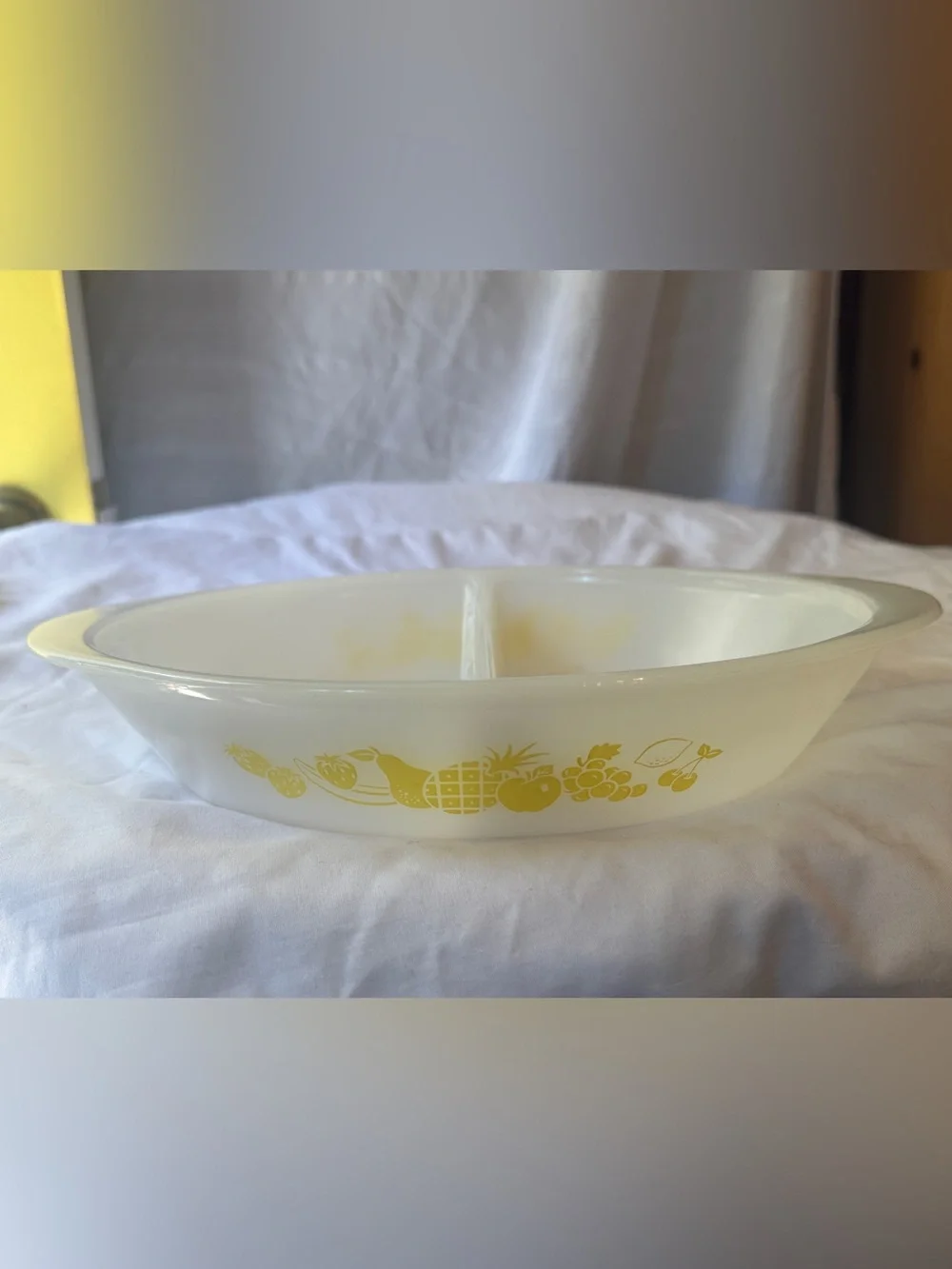 1950’s Glasbake Milk Glass Baking Dish with “Fruit Bounty” Design